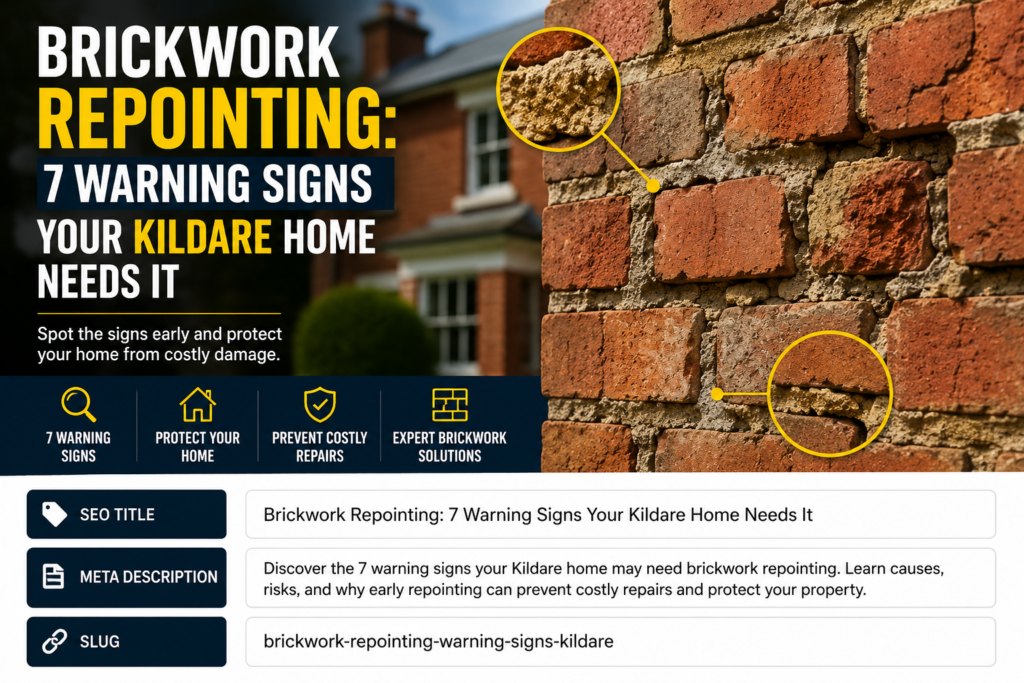 Brickwork repointing in Kildare showing damaged mortar joints and warning signs that indicate a home needs professional repointing services