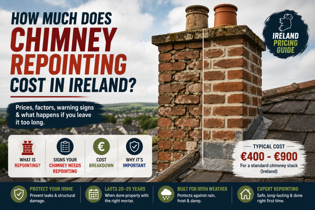 Chimney repointing cost guide for Ireland showing a weathered chimney beside a restored chimney, with typical costs of €400–€900, warning signs, cost factors, and key benefits of professional repointing.