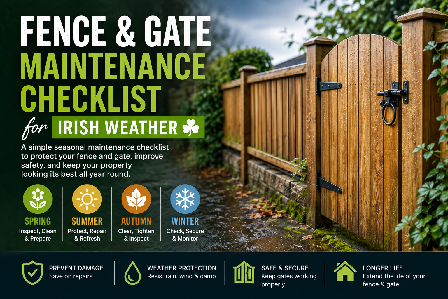 Fence & Gate Maintenance Checklist for Irish Weather showing a well-maintained wooden fence and gate protected against rain, wind, and seasonal weather