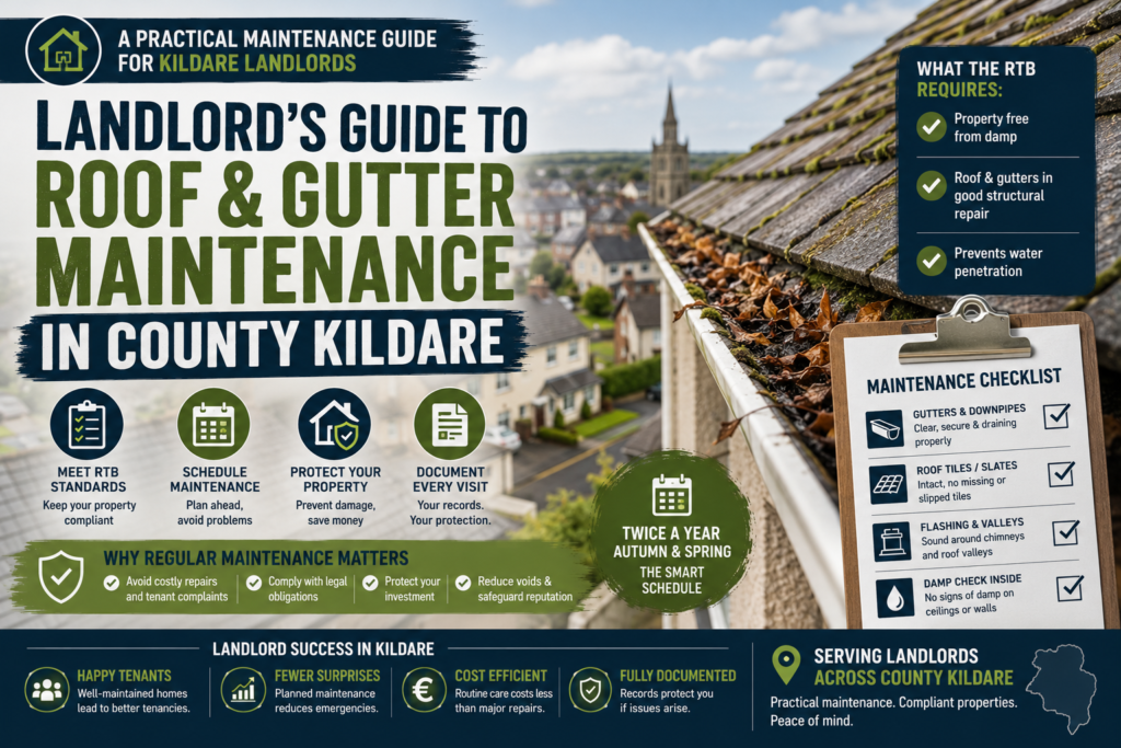 Landlord’s guide to roof and gutter maintenance in County Kildare, showing a residential property with roof and gutter issues alongside an RTB maintenance checklist, seasonal scheduling, inspection points, and landlord maintenance benefits.