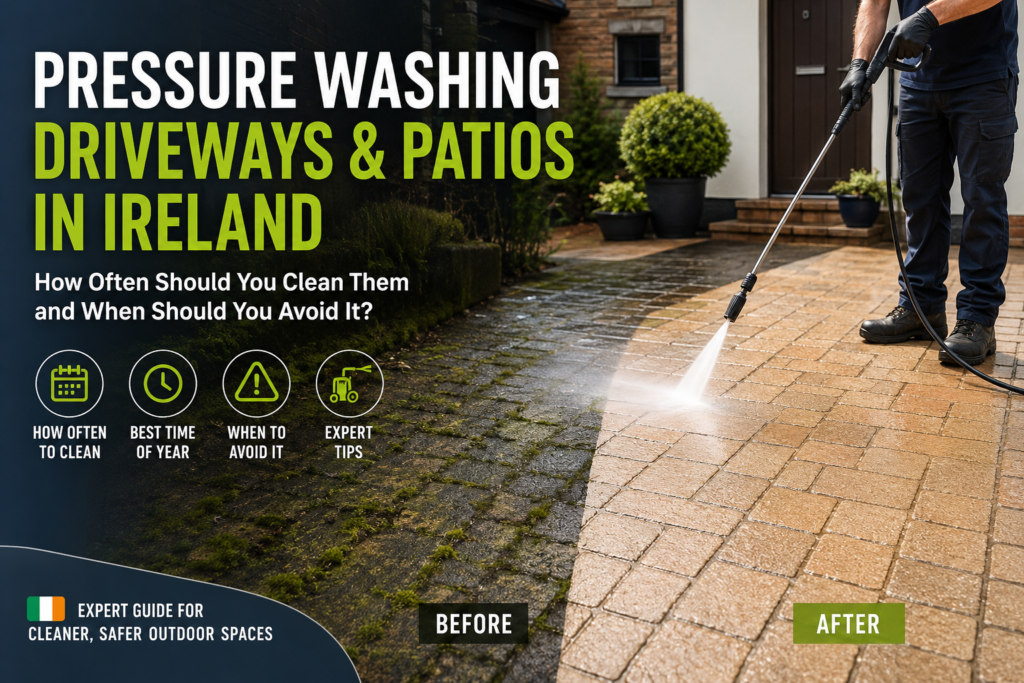 Pressure Washing Driveways & Patios in Ireland – before and after professional cleaning of a moss-covered driveway using a pressure washer