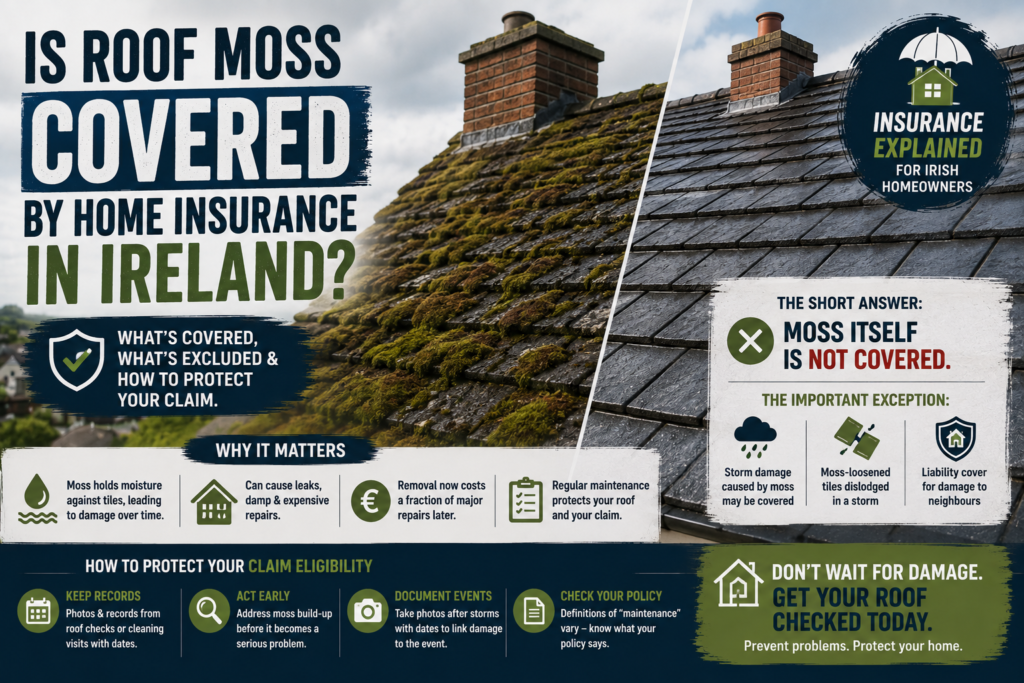 Roof moss and home insurance in Ireland explained with a moss-covered roof beside a clean roof, showing what moss damage is typically excluded, possible storm-related exceptions, claim documentation tips, and roof maintenance advice.