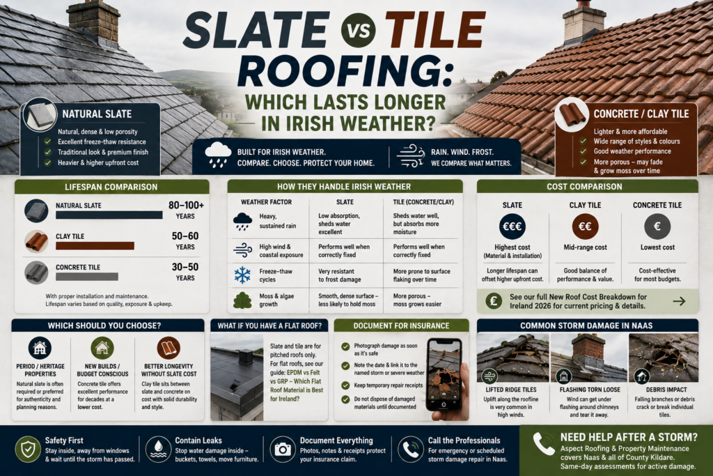 Slate vs tile roofing comparison for Ireland, showing natural slate, clay tile, and concrete tile with lifespan estimates, Irish weather performance, cost differences, suitability, moss resistance, and key factors for choosing a pitched roof material.