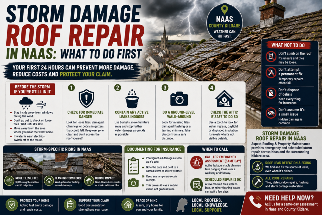 Storm damage roof repair guide for Naas, County Kildare, showing a storm-damaged roof and the first 24-hour steps, including safety checks, leak containment, ground-level inspection, insurance documentation, emergency repair guidance, and common storm risks.